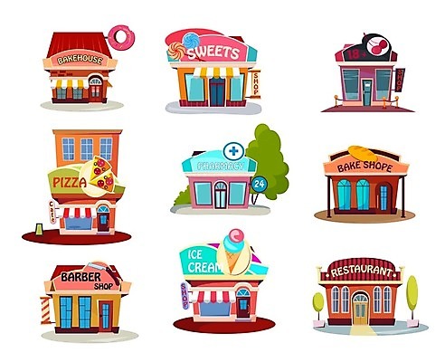 EPS 해외이미지 나무 일러스트 간판 사람없음 건물 세트 상점 레스토랑 빵집 체리 도넛 약국 천막 이발소 사탕가게 아이스크림가게 피자집 해외일러스트 식물 건축물 과일 의학 디저트 식당 뷰티샵 아이스크림장사 파일형식 벡터 이미지허브