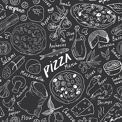 EPS 해외이미지 디자인 패턴 토마토 일러스트 치즈 새우 피자 사람없음 버섯 올리브오일 올리브 밀가루 베이컨 모짜렐라치즈 살라미 앤초비 칠리고추 파마산치즈 해외일러스트 열매 무늬 채소 고추 유제품 패스트푸드 서양음식 돼지고기 갑각류 기름_음식 가루 파일형식 벡터 이미지허브