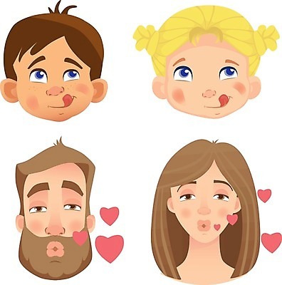 EPS 해외이미지 여자 남자 감정 어린이 인물캐릭터 일러스트 키스 표정 소년 여러명 상반신 성인 세트 머리 하트 메롱 해외일러스트 일러캐릭터 모양 캐릭터 다수 모션 사람 신체부위 애정표현 파일형식 벡터 이미지허브