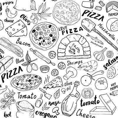 EPS 해외이미지 디자인 패턴 토마토 일러스트 새우 피자 사람없음 버섯 올리브오일 올리브 밀가루 베이컨 바질 앤초비 칠리고추 파마산치즈 피자주걱 피자칼 화덕 해외일러스트 열매 무늬 채소 고추 주방용품 치즈 패스트푸드 서양음식 돼지고기 갑각류 기름_음식 가루 주걱 화로 파일형식 벡터 이미지허브