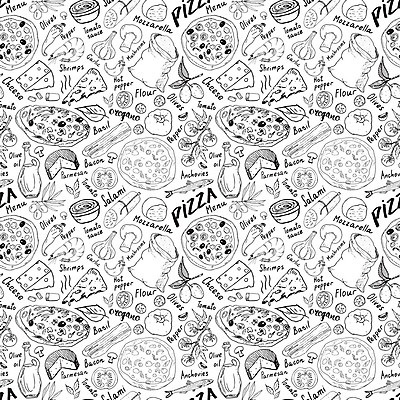 EPS 해외이미지 디자인 패턴 토마토 일러스트 치즈 새우 마늘 사람없음 버섯 올리브오일 올리브 밀가루 베이컨 토마토소스 살라미 앤초비 오레가노 칠리고추 해외일러스트 열매 무늬 채소 고추 유제품 돼지고기 갑각류 소스_음식 기름_음식 가루 파일형식 벡터 이미지허브