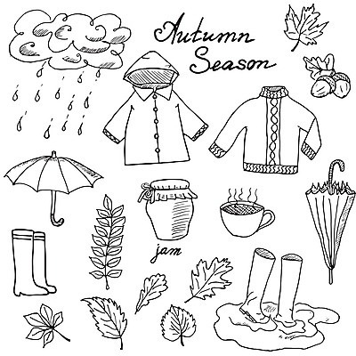 EPS 해외이미지 선 낙엽 일러스트 우산 장화 사람없음 세트 비 스웨터 우비 도토리 손그림 엘리먼트 해외일러스트 자연요소 옷 신발 상의 잎 날씨 견과류 파일형식 벡터 이미지허브
