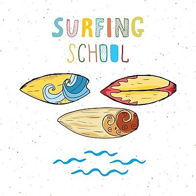 EPS 해외이미지 영어 물결 파도 일러스트 타이포그라피 사람없음 컬러풀 서핑보드 서핑 손그림 해외일러스트 문자 바다 컬러 수상스포츠 보드_스포츠 파일형식 벡터 이미지허브