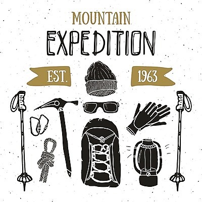 EPS 해외이미지 옷 여행 장갑 스티커 일러스트 배낭 산 캠핑도구 타이포그라피 사람없음 야외 등산 트래킹 캠핑 하이킹 장비 등불 그림 배지 산악지대 해외일러스트 문자 잡화 가방 레저 조명 도구 파일형식 벡터 이미지허브
