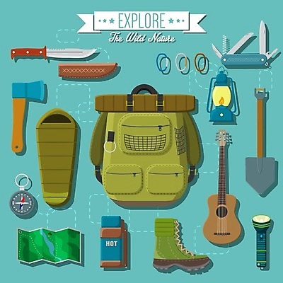 EPS 해외이미지 지도 일러스트 배낭 캠핑도구 사람없음 캠핑 기타 램프 손전등 고리 나이프 나침반 삽 도끼 등산화 보온병 맥가이버칼 침낭 해외일러스트 식기 신발 가방 현악기 레저 조명 도구 칼 등산용품 파일형식 벡터 이미지허브