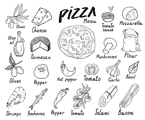 EPS 해외이미지 디자인 토마토 채소 일러스트 재료 캘리그라피 새우 피자 마늘 사람없음 버섯 올리브오일 올리브 밀가루 베이컨 바질 토마토소스 모짜렐라치즈 살라미 앤초비 칠리고추 파마산치즈 해외일러스트 열매 고추 치즈 패스트푸드 서양음식 돼지고기 갑각류 소스_음식 기름_음식 가루 파일형식 벡터 이미지허브
