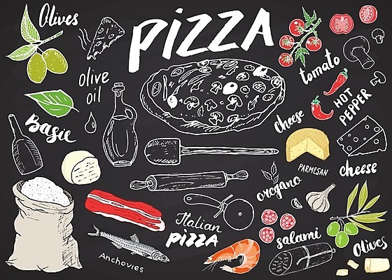 EPS 해외이미지 디자인 토마토 일러스트 재료 치즈 새우 사람없음 올리브오일 올리브 밀가루 베이컨 바질 살라미 앤초비 오레가노 칠리고추 파마산치즈 해외일러스트 열매 채소 고추 유제품 돼지고기 갑각류 기름_음식 가루 파일형식 벡터 이미지허브