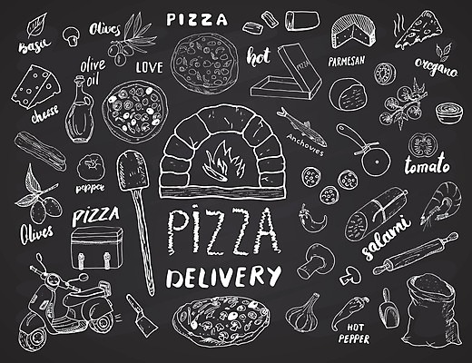 EPS 해외이미지 디자인 토마토 채소 일러스트 재료 사람없음 버섯 오토바이 올리브오일 올리브 바질 배달원가방 살라미 앤초비 칠리고추 피자배달 피자칼 화덕 해외일러스트 열매 고추 주방용품 바이크 기름_음식 배송 화로 파일형식 벡터 이미지허브