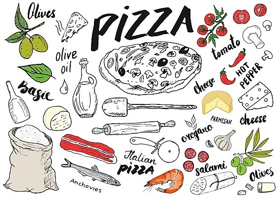 EPS 해외이미지 디자인 토마토 채소 일러스트 재료 치즈 사람없음 올리브오일 올리브 밀가루 밀대 바질 살라미 앤초비 칠리고추 피자주걱 피자칼 해외일러스트 열매 고추 주방용품 유제품 기름_음식 가루 주걱 파일형식 벡터 이미지허브