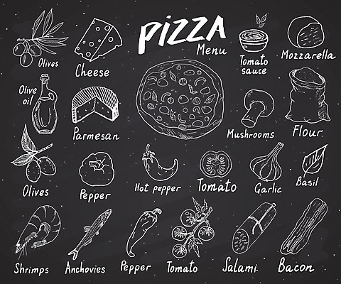 EPS 해외이미지 디자인 토마토 채소 일러스트 재료 치즈 새우 피자 마늘 사람없음 버섯 올리브오일 올리브 밀가루 베이컨 바질 토마토소스 모짜렐라치즈 살라미 앤초비 칠리고추 파마산치즈 해외일러스트 열매 고추 유제품 패스트푸드 서양음식 돼지고기 갑각류 소스_음식 기름_음식 가루 파일형식 벡터 이미지허브