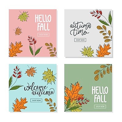 EPS 해외이미지 손글씨 단풍 낙엽 일러스트 사람없음 가을 정사각형 배너세트 가을배경 해외일러스트 도형 배너 계절 백그라운드 잎 세트 파일형식 벡터 가을_계절 이미지허브