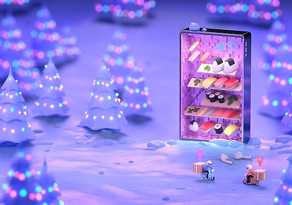 JPG 해외이미지 모바일 사람없음 스마트폰 3D 초밥 배달원 배달음식 일본음식 해외포토 포토 직업 음식 핸드폰 스마트기기 배달 디지털합성 파일형식 이미지허브