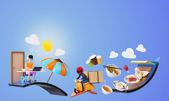 JPG 해외이미지 남자 음료 음식 모바일 성인 두명 노트북 스마트폰 3D 배달원 구매 전자상거래 배달음식 성인남자만 음식배달 해외포토 포토 직업 사람 전자제품 핸드폰 스마트기기 쇼핑 배송 배달 디지털합성 남자만 성인만 파일형식 이미지허브