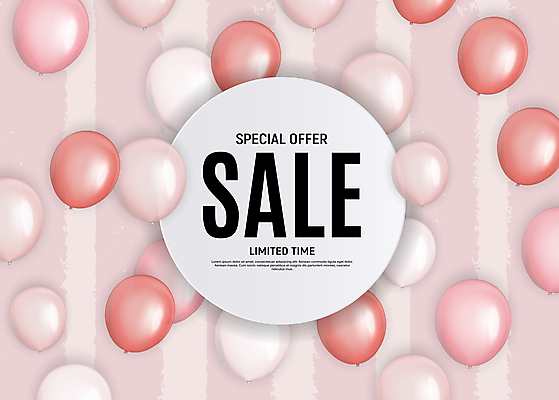 JPG 해외이미지 배너 분홍색 일러스트 이벤트 타이포그라피 사람없음 쇼핑 세일 이벤트용품 풍선 해외일러스트 문자 컬러 오브젝트 파일형식 이미지허브
