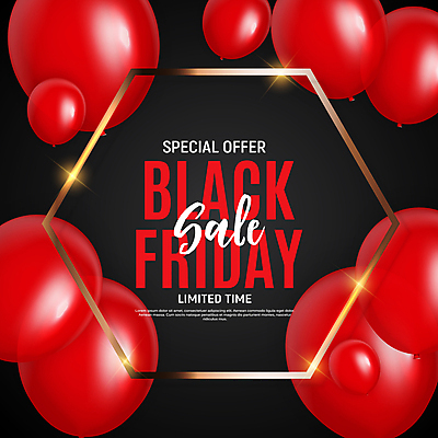 JPG 해외이미지 배너 일러스트 이벤트 타이포그라피 사람없음 빨간색 쇼핑 세일 검은색 이벤트용품 육각형 풍선 블랙프라이데이 해외일러스트 도형 문자 컬러 데이이벤트 오브젝트 파일형식 이미지허브