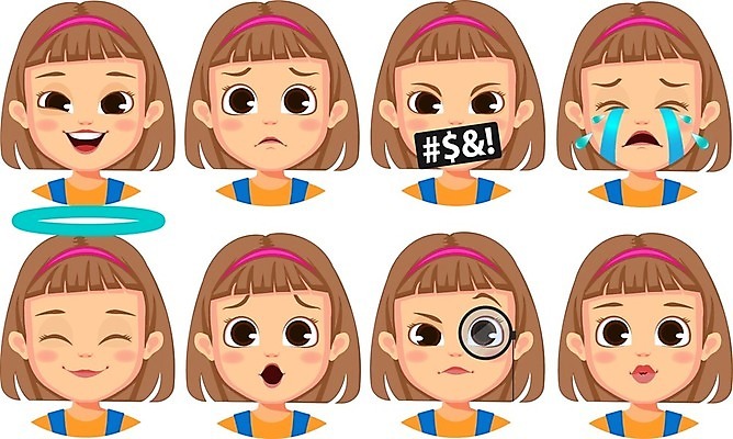 EPS 해외이미지 캐릭터 여자 감정 얼굴 일러스트 표정 웃음 사람 10대 세트 머리 놀람 기쁨 분노 표현 아기 만화 수집 이모티콘 고립 우울증 아바타 표현성 해외일러스트 일러캐릭터 청소년 신체부위 질병 파일형식 벡터 이미지허브