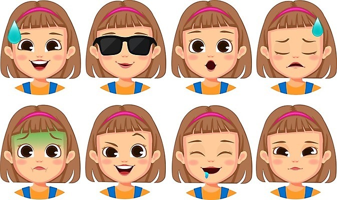 EPS 해외이미지 캐릭터 여자 감정 얼굴 일러스트 표정 미소 웃음 사람 10대 세트 머리 놀람 기쁨 분노 표현 아기 만화 수집 이모티콘 고립 우울증 아바타 표현성 해외일러스트 일러캐릭터 청소년 신체부위 질병 파일형식 벡터 이미지허브