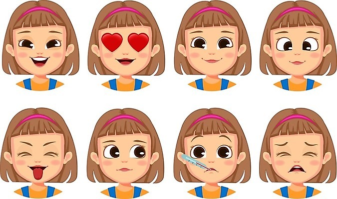 EPS 해외이미지 캐릭터 여자 감정 얼굴 일러스트 표정 미소 웃음 사람 10대 세트 머리 놀람 기쁨 분노 표현 아기 만화 수집 이모티콘 고립 우울증 아바타 표현성 해외일러스트 일러캐릭터 청소년 신체부위 질병 파일형식 벡터 이미지허브