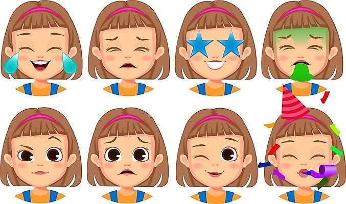 EPS 해외이미지 캐릭터 여자 감정 얼굴 일러스트 표정 미소 웃음 사람 10대 세트 머리 놀람 기쁨 분노 표현 아기 만화 수집 이모티콘 고립 우울증 아바타 표현성 해외일러스트 일러캐릭터 청소년 신체부위 질병 파일형식 벡터 이미지허브