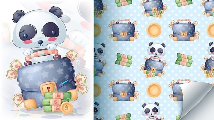 EPS 해외이미지 동물캐릭터 패턴 가방 일러스트 사람없음 귀여움 동전 돈다발 판다 잠금 해외일러스트 일러캐릭터 동물 캐릭터 잡화 컨셉 돈 무늬 곰 보안 파일형식 벡터 이미지허브