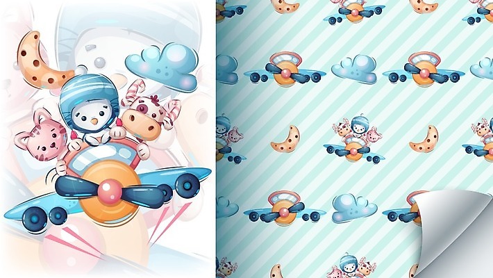 EPS 해외이미지 패턴 일러스트 비행기 사람없음 귀여움 달 비행 새캐릭터 고양이캐릭터 소캐릭터 해외일러스트 자연요소 동물캐릭터 컨셉 무늬 항공교통 조류 대중교통 고양이 소 파일형식 벡터 이미지허브