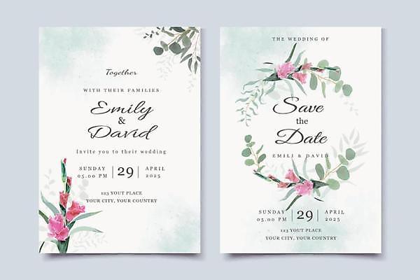 EPS 해외이미지 꽃 결혼 잎 카드템플릿 일러스트 사람없음 연두색 흰색 청첩장 초대장 초대 감성 해외일러스트 식물 템플릿 컬러 컨셉 카드_감사 이벤트 초록색 파일형식 벡터 이미지허브