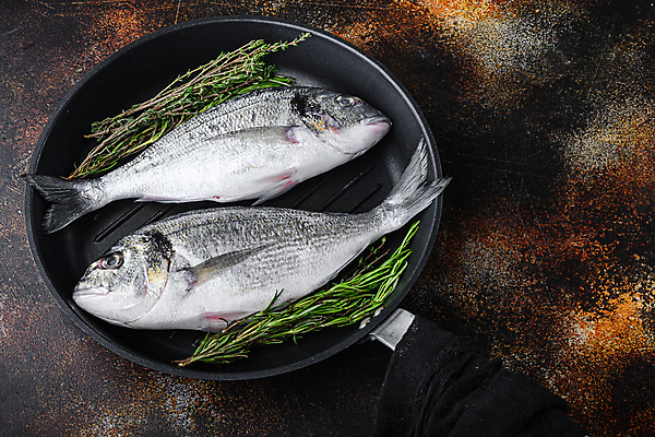 포토 JPG 해외이미지 검은배경 사람없음 프라이팬 허브 날것 도미 해외포토 식물 백그라운드 주방용품 어류 검은색 파일형식 이미지허브