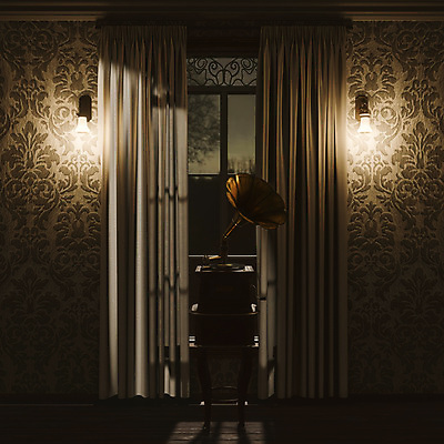 포토 JPG 해외이미지 디자인 실내 사람없음 3D 어둠 방 골동품 레코드 클래식 오브젝트 복고 실내등 축음기 턴테이블 해외포토 음향기기 컨셉 조명 내부 음반 디지털합성 파일형식 이미지허브