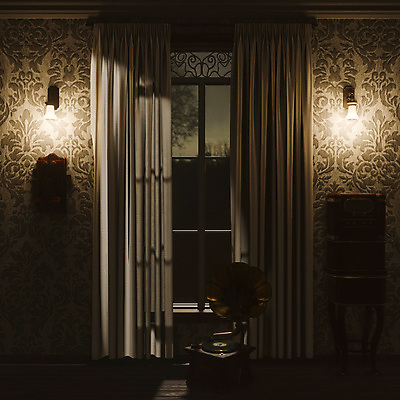 포토 JPG 해외이미지 디자인 실내 사람없음 3D 어둠 방 골동품 레코드 클래식 오브젝트 복고 실내등 축음기 턴테이블 해외포토 음향기기 컨셉 조명 내부 음반 디지털합성 파일형식 이미지허브