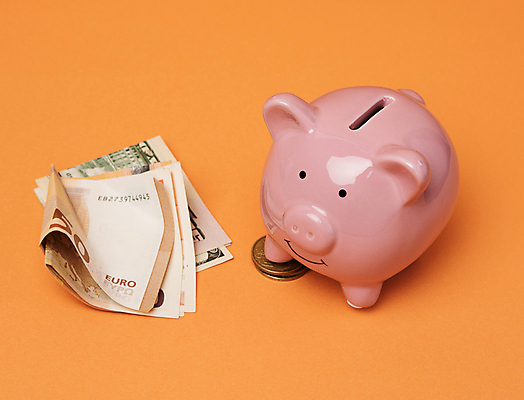 포토 JPG 해외이미지 분홍색 지폐 사람없음 동전 주황색 돼지저금통 해외포토 컬러 돈 저금통 파일형식 이미지허브