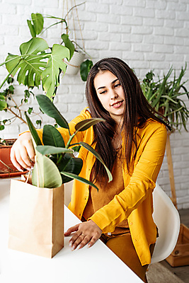 포토 JPG 해외이미지 여자 화분 잎 실내 한명 상반신 성인 쇼핑백 노란색 만지기 성인여자한명만 홈가드닝 해외포토 식물 1 컬러 가방 모션 사람 내부 원예 여자한명만 성인여자만 파일형식 이미지허브