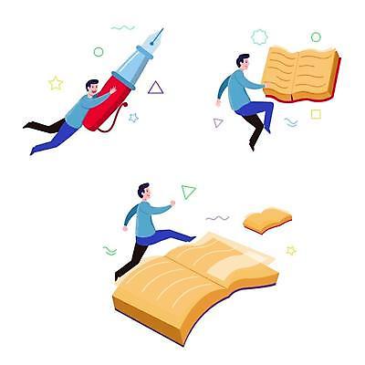 EPS 해외이미지 캐릭터 학생 디자인 교육 남자 종이 컨셉 일러스트 학교 상상 사람 소년 책 스터디 달리기 펜 점프 정보 플랫 도서관 만화 읽기 분수 문학 해외일러스트 일러캐릭터 어린이 모션 학습 필기구 파일형식 벡터 이미지허브