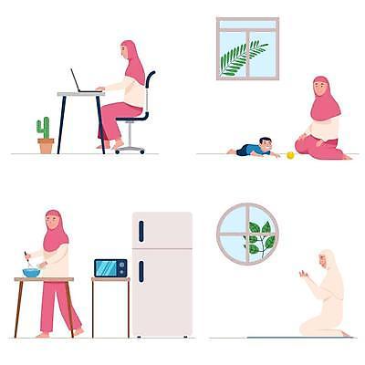 EPS 해외이미지 직업 캐릭터 여자 종교 일러스트 비즈니스 창문 엄마 주택 요리 사람 펼침 기도 아기 업무 작업 사회 플랫 보호 이슬람교 종업원 예방 시민 고립 돌봄 소셜 프리랜서 해외일러스트 일러캐릭터 컨셉 가족 모션 건물 국민 공동체 파일형식 벡터 이미지허브
