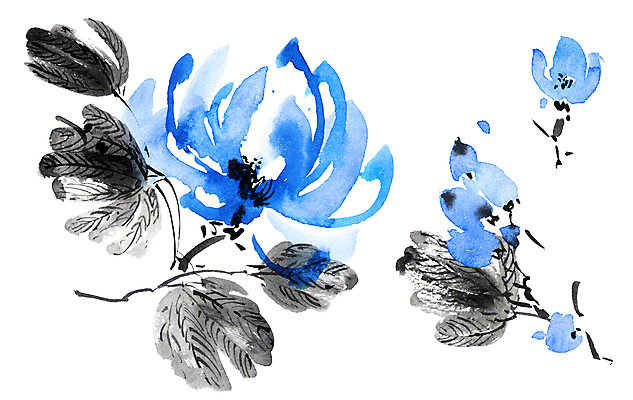 포토 JPG 해외이미지 꽃잎 꽃 잎 일러스트 캘리그라피 붓터치 수묵화 미술 사람없음 파란색 동양화 번짐 해외일러스트 식물 컬러 문화예술 파일형식 효과 이미지허브
