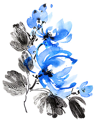 포토 JPG 해외이미지 꽃잎 꽃 잎 일러스트 캘리그라피 붓터치 수묵화 미술 사람없음 파란색 동양화 번짐 해외일러스트 식물 컬러 문화예술 파일형식 효과 이미지허브