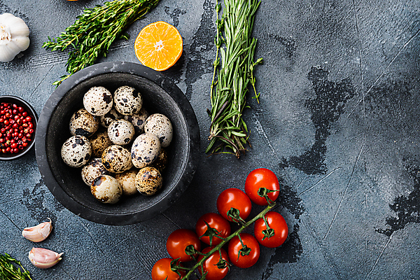 포토 JPG 해외이미지 그릇 오렌지 식재료 방울토마토 회색배경 실내 육류 사람없음 로즈메리 메추리알 메추리 통마늘 통후추 해외포토 식기 백그라운드 토마토 과일 마늘 내부 알 회색 허브 후추 파일형식 이미지허브