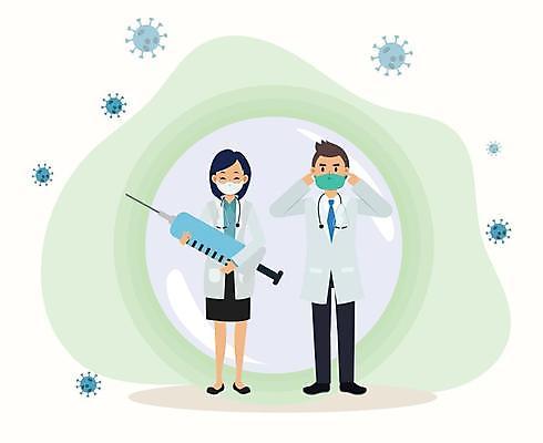 EPS 해외이미지 전신 여자 남자 일러스트 주사기 마스크 서기 들기 성인 두명 의료진 의사 원형 보호 백신 성인만 코로나바이러스 델타변이바이러스 오미크론 해외일러스트 도형 직업 컨셉 의학 의료기기 모션 사람 바이러스 파일형식 벡터 이미지허브