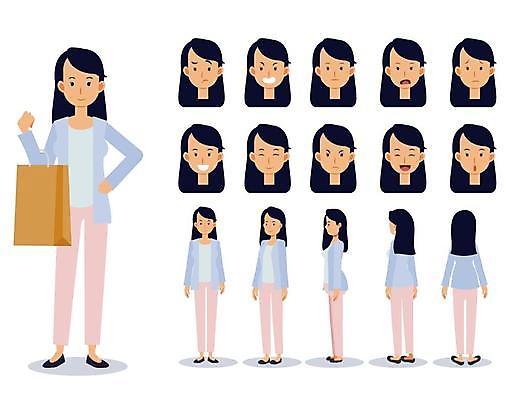 EPS 해외이미지 클립아트 모델 캐릭터 라이프스타일 옷 여자 감정 얼굴 일러스트 미소 사람 성인 세트 쇼핑백 유행 기쁨 표현 플랫 만화 수집 애니메이션 해외일러스트 일러캐릭터 가방 표정 생활 신체부위 파일형식 벡터 이미지허브