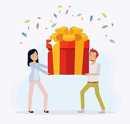 EPS 해외이미지 캐릭터 여자 남자 행복 컨셉 일러스트 기념 선물 사람 그래픽 빨간색 선물상자 상자 축하 플랫 만화 상패 꽃가루 패키지 고립 보너스 해외일러스트 일러캐릭터 감정 컬러 가루 상_우승 파일형식 벡터 이미지허브