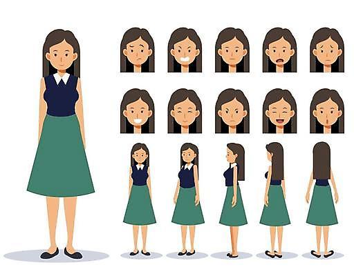 EPS 해외이미지 클립아트 모델 캐릭터 라이프스타일 디자인 드레스 옷 여자 감정 얼굴 일러스트 미소 사람 성인 세트 쇼핑백 유행 기쁨 표현 플랫 만화 수집 애니메이션 스타일 해외일러스트 일러캐릭터 가방 표정 생활 신체부위 파일형식 벡터 이미지허브