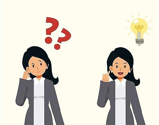 EPS 해외이미지 여자 생각 일러스트 전구 아이디어 상반신 성인 두명 물음표 비즈니스우먼 비즈니스캐릭터 갸우뚱 의문 성인여자만 해외일러스트 일러캐릭터 캐릭터 기호 컨셉 비즈니스 모션 사람 직장인 여자만 성인만 파일형식 벡터 이미지허브