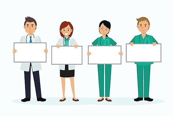 EPS 해외이미지 전신 여자 남자 일러스트 서기 들기 여러명 성인 팻말 의료진 의사 간호복 성인만 해외일러스트 직업 다수 유니폼 의학 모션 프레임 사람 파일형식 벡터 이미지허브