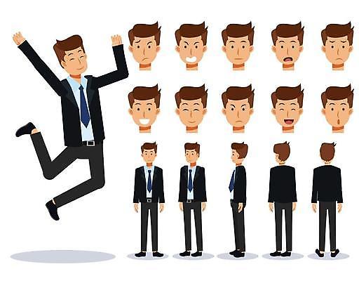 EPS 해외이미지 전신 남자 감정 얼굴 일러스트 무표정 표정 서기 미소 웃음 정장 여러명 성인 점프 놀람 만세 슬픔 분노 비즈니스맨 비즈니스캐릭터 성인남자만 못마땅 해외일러스트 일러캐릭터 캐릭터 옷 다수 비즈니스 모션 사람 신체부위 직장인 남자만 성인만 파일형식 벡터 이미지허브