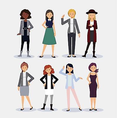 EPS 해외이미지 캐릭터 옷 여자 행복 포즈 일러스트 사람 성인 세트 치마 숫자 청바지 그룹 플랫 만화 수집 보따리 스타일 해외일러스트 일러캐릭터 문자 감정 바지 하의 파일형식 벡터 이미지허브