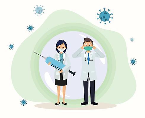 EPS 해외이미지 전신 여자 남자 일러스트 주사기 마스크 서기 들기 성인 두명 의료진 의사 원형 보호 면역력 백신 성인만 코로나바이러스 백신접종 델타변이바이러스 오미크론 해외일러스트 도형 직업 컨셉 의학 의료기기 모션 사람 바이러스 접종 파일형식 벡터 이미지허브