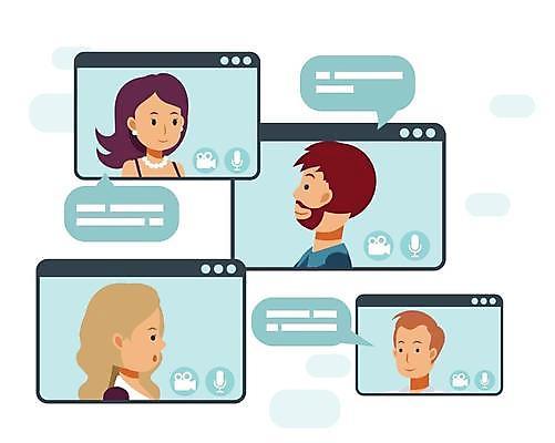 EPS 해외이미지 여자 남자 말풍선 일러스트 회의 말하기 미소 여러명 상반신 성인 비즈니스맨 비즈니스우먼 비즈니스캐릭터 화상통화 성인만 언택트 해외일러스트 일러캐릭터 캐릭터 다수 비즈니스 모션 표정 사람 직장인 통화 파일형식 벡터 이미지허브