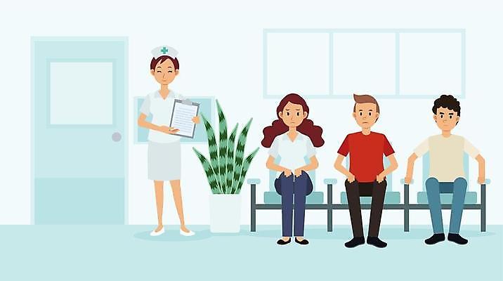 EPS 해외이미지 전신 여자 남자 화분 하늘색 의자 일러스트 서기 들기 앉기 여러명 성인 환자 간호사 의료진 기다림 대기실 서류판 성인만 해외일러스트 직업 가구 다수 의학 모션 사람 파란색 사무용품 공간 파일형식 벡터 이미지허브