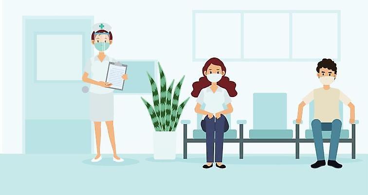 EPS 해외이미지 전신 여자 남자 화분 하늘색 의자 일러스트 마스크 서기 들기 앉기 성인 세명 환자 간호사 의료진 기다림 대기실 서류판 성인만 코로나바이러스 델타변이바이러스 오미크론 해외일러스트 직업 가구 의학 모션 사람 파란색 사무용품 공간 바이러스 파일형식 벡터 이미지허브