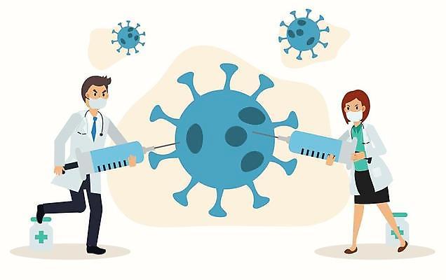 EPS 해외이미지 전신 여자 남자 일러스트 주사기 마스크 서기 들기 성인 두명 의료진 의사 백신 성인만 코로나바이러스 바이알 백신접종 델타변이바이러스 오미크론 해외일러스트 직업 의학 의료기기 모션 사람 의료용품 바이러스 접종 파일형식 벡터 이미지허브