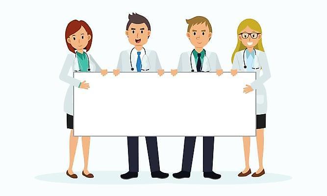 EPS 해외이미지 전신 배너 여자 남자 일러스트 서기 들기 여러명 성인 팻말 의료진 의사 성인만 안경낌 해외일러스트 직업 안경 다수 의학 모션 프레임 사람 파일형식 벡터 이미지허브